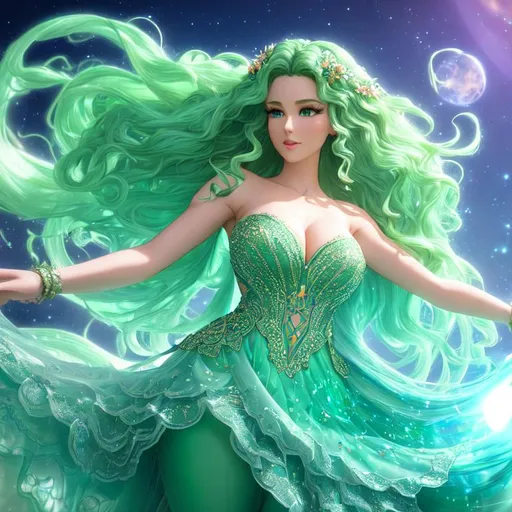 Prompt: Claymation, UHD, hd , 8k, , Very detailed, panned out view with whole character in from, a olive skinned, long hair with tight curls, earth giant female  celestial being character, Dancing beauty, echoing movements , magic light following her movements, HD, 3D rendered, Green Hair like water fractal flowing, armored thin lace wedding lacy styled dress, Fantasy character, sharp expressive facial features, magic music notes flying around, crying stone, multicolor newton julia sets fractal background.