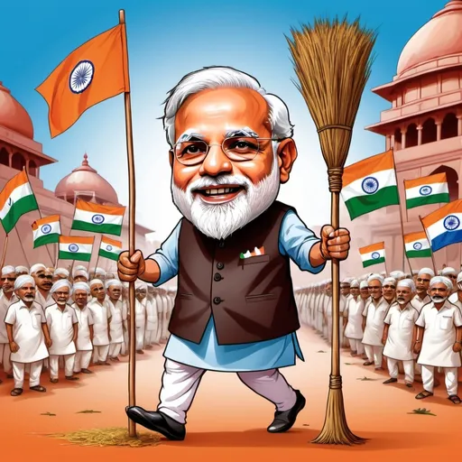 Prompt: (comedic meme of Modi crossing over with AAP’s party symbol broom), high contrast, vibrant colors, humorous vibe, cartoonish style, exaggerated features of Modi, larger-than-life broom, whimsical details, political satire, playful background with Indian political theme elements, clear and expressive faces, digital art, HD, ultra-detailed, dynamic poses, engaging composition, energetic atmosphere, clean lines, sharp details, background elements depicting election scene in India