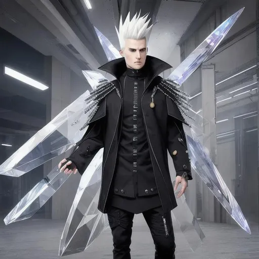 Prompt: JAXER KAZE : Hyper Detailed,  ultra realistic, white hair mohawk male in black tactical tech uniform poncho coat,  IN UNDERGROUND DAZZLING CRYSTAL CITY , 