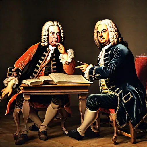 Prompt: A photo of Johann Sebastian Bach and Georg Friedrich Handel sitting at a table and discussing, highly detailed, 8K, trending on art station, professional photograph, studio lighting, natural colors