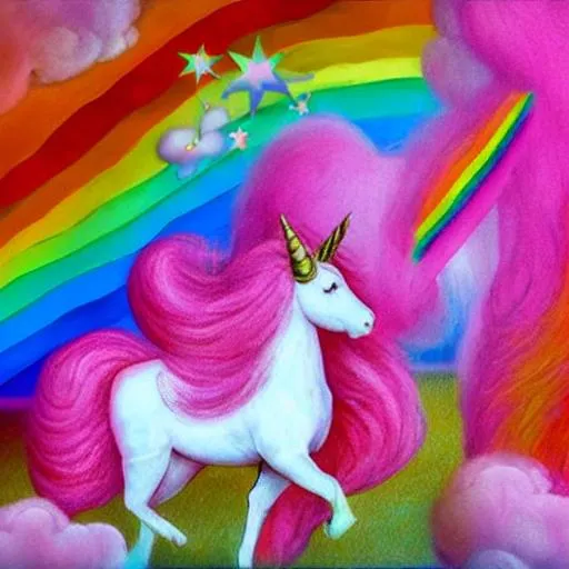 Prompt: Pink fluffy unicorns jumping on rainbows