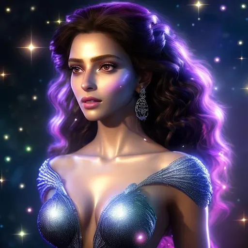 Prompt: HD 4k 3D 8k professional modeling photo hyper realistic beautiful woman ethereal greek goddess of fate/destiny of the universe
black starry hair updo silver eyes gorgeous face mixed freckled skin shimmering shiny dress jewelry crown full body  surrounded by magical glowing ambience hd landscape background balance of universe planets 