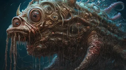 Prompt: Portrait of an incredibly ugly person with the head of a anglerfish. slimy and wet, intricate complexity, horror, psychedelic art, trending on art station, photoreal, 8k, octane render, by Naoto Hattori + Daniel Merriam, dystopian background, tetradic colors dystopian fantastical hyperdetailed cyberpunk