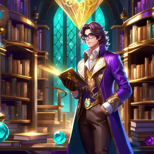 Prompt: Third person, feminine adult male, gameplay, alone, high quality, magical boy with shoulder length wavy hair, bright purple eyes, glasses, extravagant magical turqoise coat with gold trim, white dress pants, brown adventurer boots, magical boy outfit with diamond motif, glasses, gold timepiece on wrist, gloves, cool atmosphere, magical laboratory with high bookshelves and a window overlooking the ocean, Studio Ghibli, Sailor Moon, extremely detailed print by Hayao Miyazaki, magical scientist