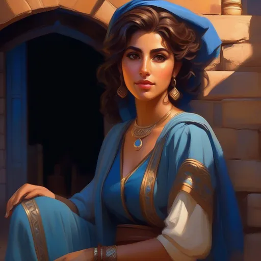 Prompt: Third person, gameplay, ancient Lebanese girl, olive skin, curly brown hair, brown eyes, blue atmosphere, Tyre at night, cartoony style, extremely detailed painting by Greg Rutkowski and by Henry Justice Ford and by Steve Henderson 