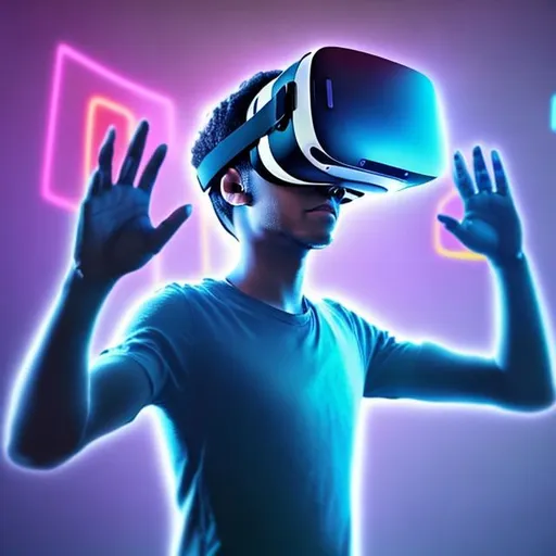 Prompt: Imagine an image showcasing a tech enthusiast immersed in a virtual reality experience. The person is wearing a sleek VR headset, with their hands gesturing in the air as they interact with a holographic display of futuristic gadgets. The holographic gadgets could include a foldable smartphone, an AI-powered personal robot, smart home devices, and other cutting-edge tech innovations. The image could be set against a backdrop of a high-tech, futuristic environment with vibrant neon lights, giving it an exciting and dynamic feel. This image will captivate readers' attention and evoke a sense of wonder and excitement about the future of technology.
