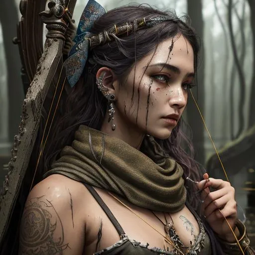 Prompt: ((best quality)), ((masterpiece)), ((realistic)), ((theyeboy)), (detailed) A mystic young woman with bow and arrow, shawl, facial piercings, bloody, swamp, rugged, ancient, hellscape, weathered, dystopian, lots of jewelry,high resolution scan, masterpiece, hyperrealism, delicate detailed complex, highly detailed, intricate detailed, volumetric lighting, light reflection, highly detailed concept art, trending on artstation, vivid colors, melancholic, dark, horror