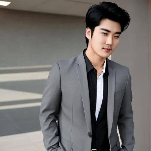 Prompt: handsome korean man, with fluffy black hair. He is wearing a suit