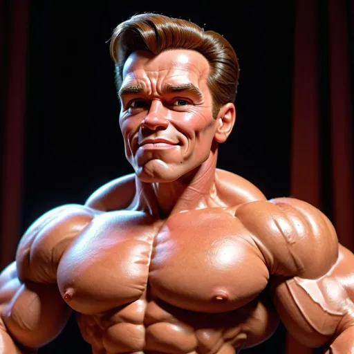 Prompt: A little person, Young Arnold Schwarzenegger, muscle pose, stage performance, glistening muscles, detailed facial features, vibrant colors, photo realistic, Looney Toons style, audience, theatrical lighting, high quality, detailed muscles, stage setting, professional, animated shading, cartoon realism, detailed expression, muscle definition