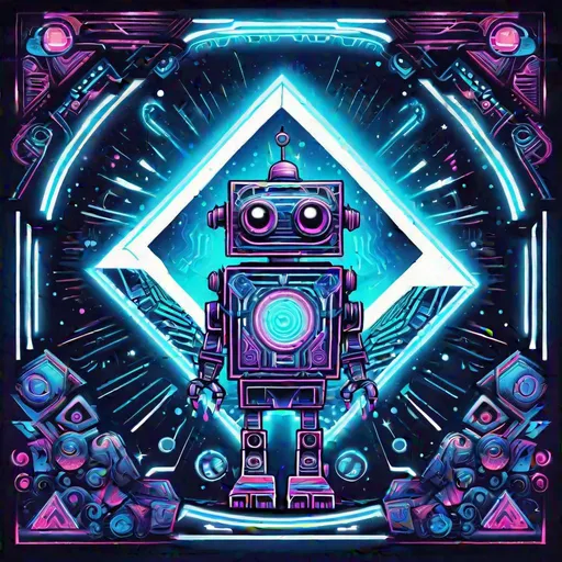 Prompt: {Happy square robot} Hypnotic illustration of {V Shaped Portal} {V Shaped Futuristic Portal}, hypnotic psychedelic art by Dan Mumford, pop surrealism, dark glow neon paint, mystical, Behance, {Iridescent blue}, {Holographic}, hyper detail, {V},{Blue and white friendly box shaped robots}, Upside down triangle, cute