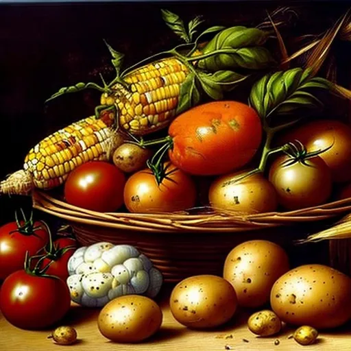 Prompt: oil painting of tomatoes, potatoes and corn, in the style of Leonardo da Vinci

