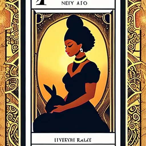 Prompt: Black female and rabbit tarot card
