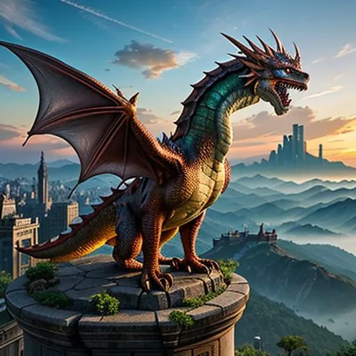 Prompt: ((A full-grown copper dragon perched on a crag above the rooftops of a city, trending by artstation)), photorealistic 64k resolution, HDR, epic, expansive, brilliant, stunning, hyperdetailedphotorealistic , ultra detailed, hyperrealistic, surreal, matte painting, unreal engine 5, UHD, first player sight

