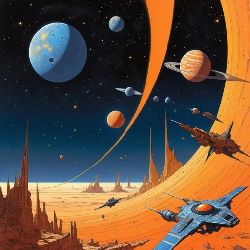 Prompt: Illustration in style of Moebius, Jean Giraud, a space battle between multiple bird-like starships with an orange gas giant and starry landscape in the background to the right, as seen from space