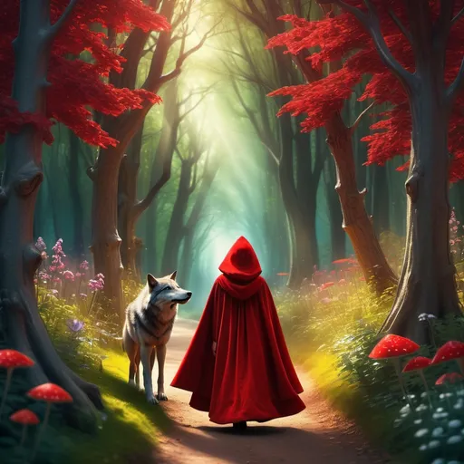Prompt: Little Red Riding Hood, whimsical forest scene, vibrant colors, enchanted atmosphere, intricate details in her red cloak, soft sunlight filtering through trees, a serene path lined with flowers, a subtle hint of danger in the background, HD quality, fantastical elements blended with fairytale charm, inviting yet mysterious vibe, enchanting encounter with the wolf.