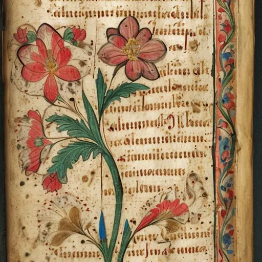 Prompt: Medieval manuscript with flowers

