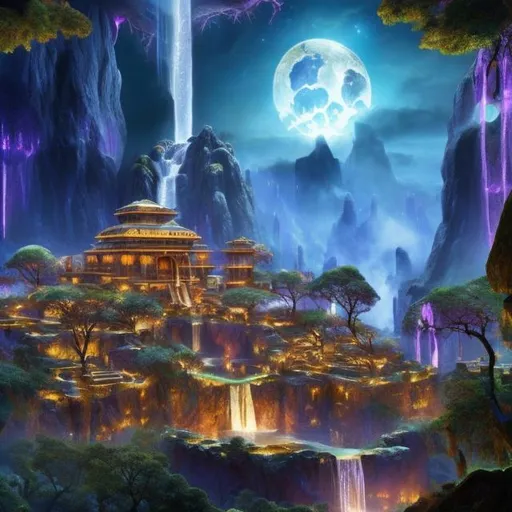 Prompt: Envision a civilization near a glowing waterfall in a lush forest. Fantasy, another dimension. Hyperrealistic, UHD, HD, 8K, houses, beautiful, highly detailed