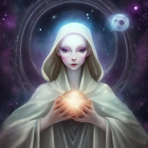 Prompt: etherial, benevolent, innocent, ALIEN femme, pale skin, soft expression, holding an orb, wearing cloak, surrounded by stars