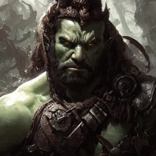 Prompt: Portrait painting of a barbarian half-orc. With grey-green skin tone and elf ears. by Greg Rutkowski and Craig Mullins, Dark atmospheric and cinematic lighting