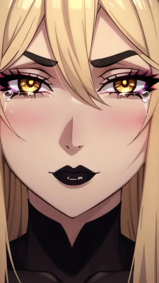 Prompt: An attractive woman in dark eyeliner and dark lipstick is blushing and crying. She has long blonde hair and thick eyebrows. Amazing detail, flawlessly detailed eyes, mood lighting. Close up. Full face.