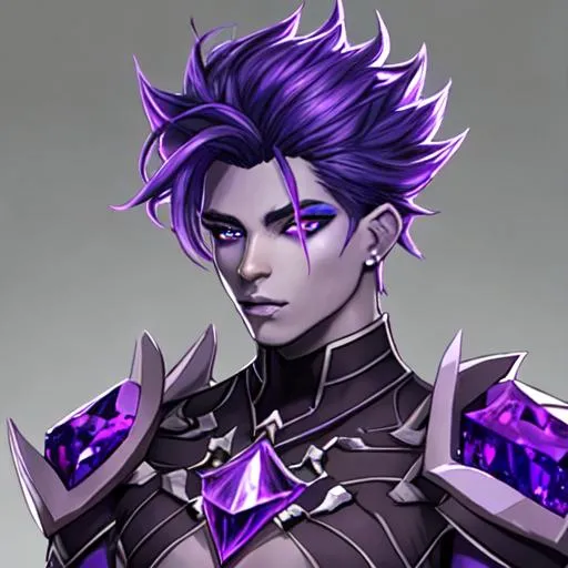 Prompt: Male earth genasi with purple crystal skin, dark blue crystal hair
