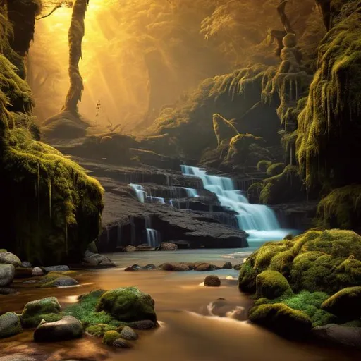 Prompt: River, cascading waterfall, daytime forest background, cave, gorge, mossy rocks, rule of thirds, golden hour, golden ratio, long exposure, Hyperrealism, lightshafts, soft dramatic lighting, ultra high quality octane render, trending on artstation, sublime. hypermaximalist.