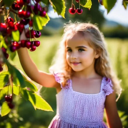 Prompt: Photo of a young girl who picks red cherries from a cherrie-tree but also eats the cherries whilst picking them , dirty mouth, rural environment, long blond hair, summer clothes, eating