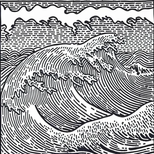 Prompt: black and white Keith Haring style drawing of one crashing wave shaped like "The Great Wave off Kanagawa", centred in the image seen from far away, surrounded by a white background, the foreground is ocean with its waves.