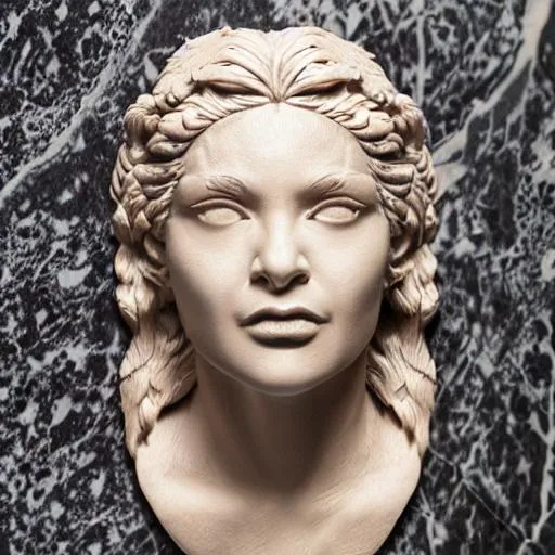 Prompt: Latina woman  | hyper-realistic, photo-realistic, hyper-detailed, smooth, elegant, carved in dark marble sculpture, head faced down, 16k, sharp focus, symmetrical facial features, accurate anatomy, back angle,