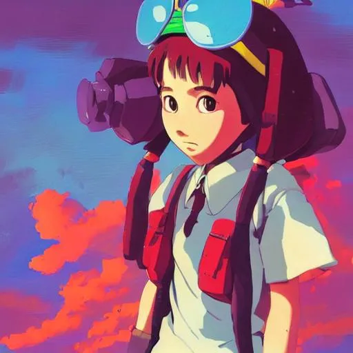 Prompt: schoolgirl ghibli, akira toriyama, james gilleard, acrylic palette knife, 4k, vibrant colors, devinart, trending on artstation, low details