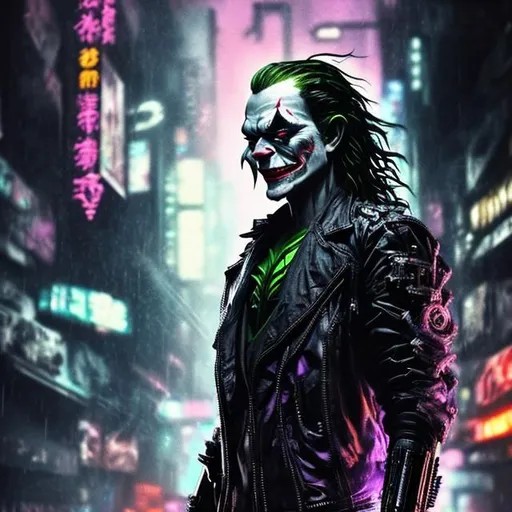 Prompt: Bionic enhanced Black and neon joker reimagined as cyberpunk. Slow exposure. Detailed. Dirty. Dark and gritty. Post-apocalyptic Neo Tokyo. Futuristic. Shadows. Sinister. Armed. Fanatic. Intense. Heavy rain. Explosion. Burning car in background