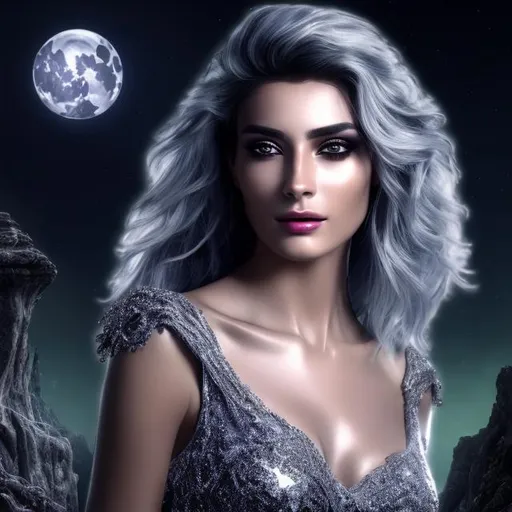 Prompt: HD 4k 3D 8k professional modeling photo hyper realistic beautiful woman ethereal greek goddess of the night
silver hair gray eyes gorgeous face black skin black shimmering dress full body silver jewelry  crown surrounded by magical glowing starlight hd landscape background of enchanting mystical stars black cosmos moon