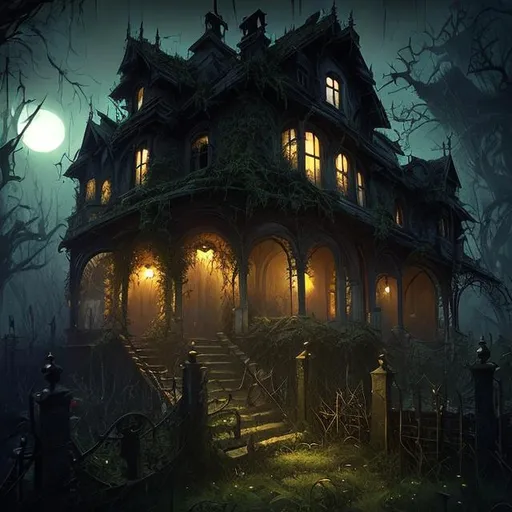 Prompt: dark spooky house at night with an overgrown garden full of ghosts, style of  Tyler Edlin