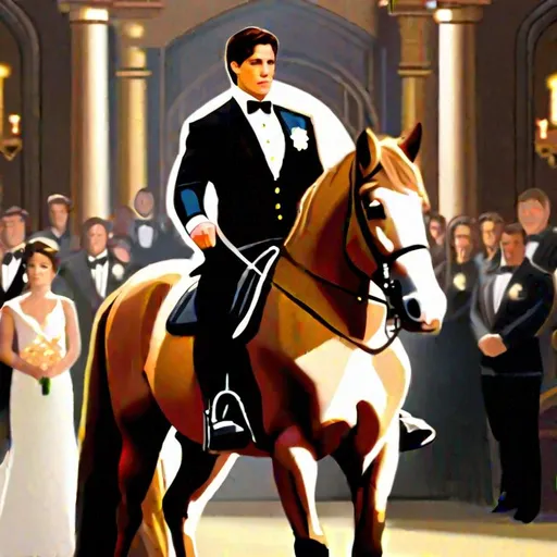 Prompt: Caleb  as a police officer (brown hair) (brown eyes) wearing a tuxedo, full body, ((riding a horse, pulling back on the reins, making the horse stand on its hind legs rearing up)) two large doors directly behind him, center, front-facing, stopping a wedding, objecting, still image, standing in the altar room