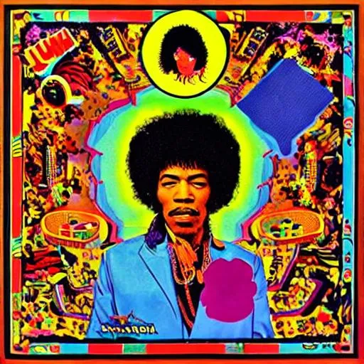 Prompt: jimi hendrix "electric lunch lady land" psychedelic album 8k