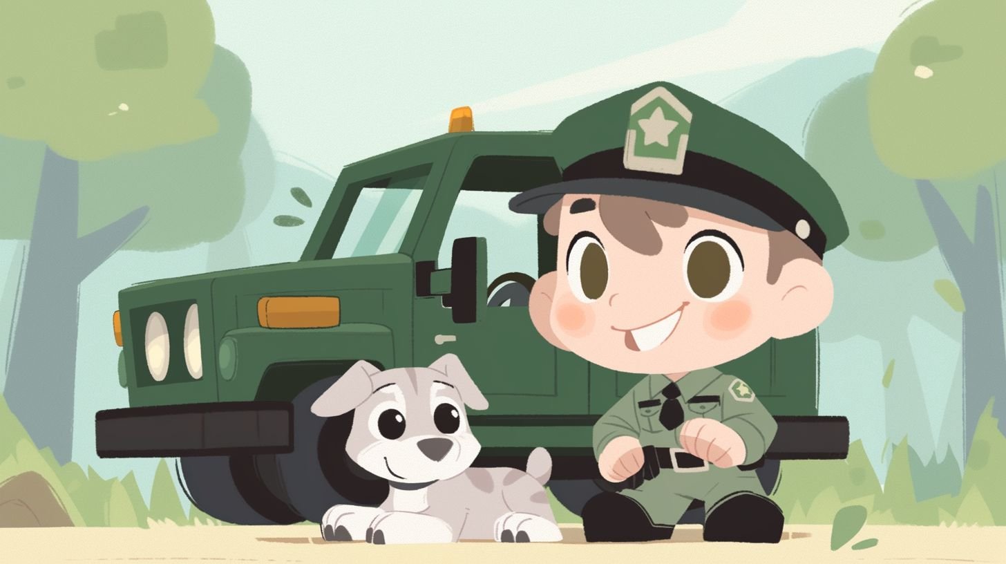 Prompt: a pitbull puppy in the style of of Paw Patrol, with a forest ranger hat and vest and a park ranger jeep behind him, with 'Forest Ranger' written on the side of the truck in a larger and clear font --niji 5 --style cute --ar 16:9