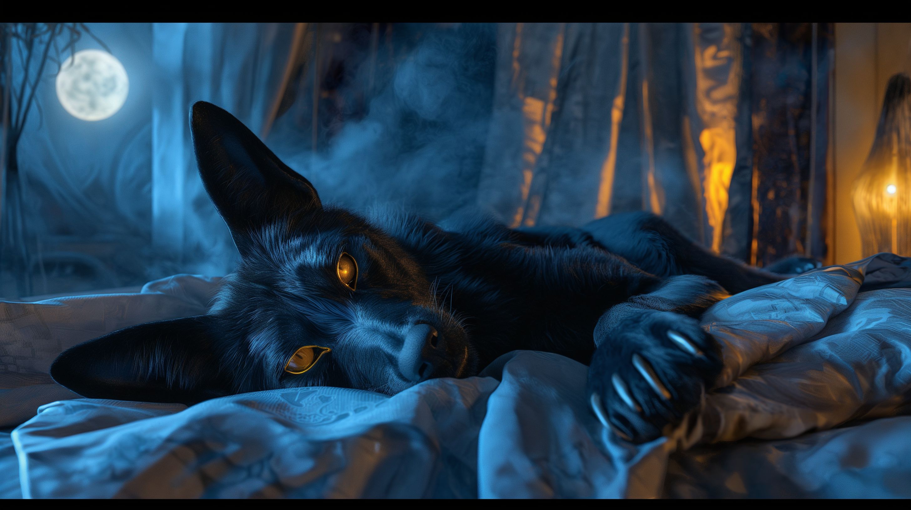 Prompt: an anthropomorphic black anubis (jackal) with golden eyeliner laying on his back on his bed with his head turned toward the viewer looking at you with a tender expression as the wind blows through his fuzzy thick fur, husband, lover, tender, photorealism, true to life animal, nitetime bedroom with curtains fluttering showing the moonlight and stars in the open window --ar 16:9 --v 6.0