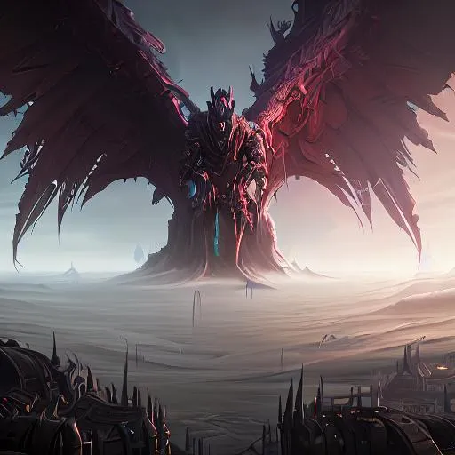 Prompt: Dark art, giant monster, artstation, hyperdetailed intricately detailed , unreal engine, other wordly, intricate detail, splash screen, dark colors, 8k, deviantart masterpiece, oil painting, heavy strokes, wings, doom eternal, tourmented souls, standing, looking at horizon, suffering, humanoid