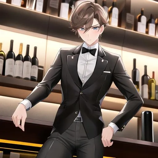 Prompt: Alex 1male. Short light brown hair. Soft and mesmerizing light grey eyes. Wearing a sleek black button-up shirt, paired with tailored black pants and shiny leather shoes. He completes the look with a stylish black vest and a classic black bow tie. UHD, 8K, standing behind a bar counter, blushing