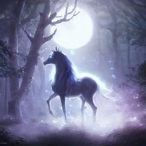 Prompt: smoky ghostly unicorn featuring fireflies, gnarled trees and a large supermoon, in the styles of greg rutkowski, keith parkinson, and john quidor, intricate, detailed, volumetric lighting