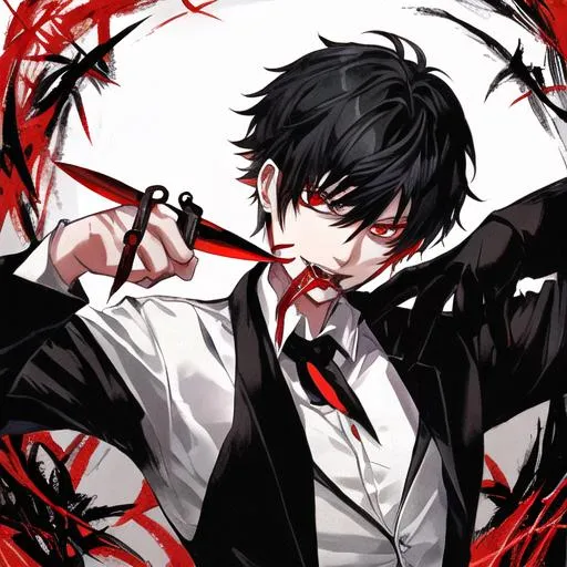 Prompt: Damien  (male, short black hair, red eyes) holding a knife up to his mouth 
