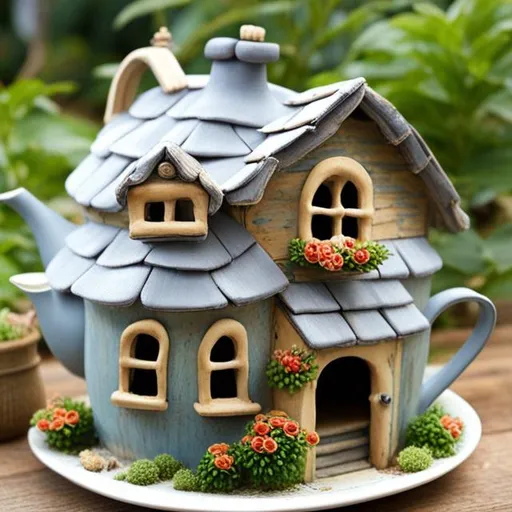 Prompt: a cute cottage for mice made from a teapot