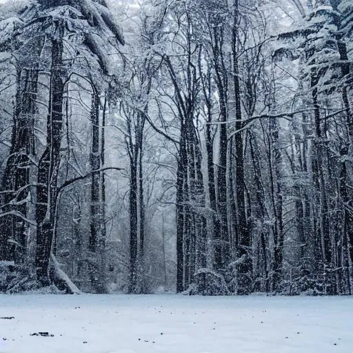 Prompt: snowy forest, trees, snowing