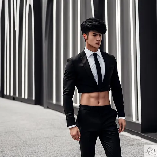 Prompt: crop top black long sleeve business suit with a black necktie, bare midriff, bare navel, black business suit pants, man, thinking, 21-years old, six pack abs, sore abs, handsome, extremely long-haired, thinking, with right hand on hips, plain colored background, photo, 2k, hdr, ((vibrant)), ((highly detailed)), ((masterpiece)), ((high quality)),