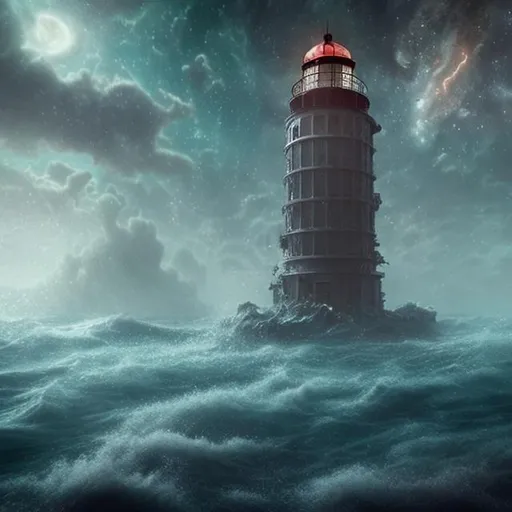 Prompt: Haunting lost space lighthouse in huge dangerous astral sea