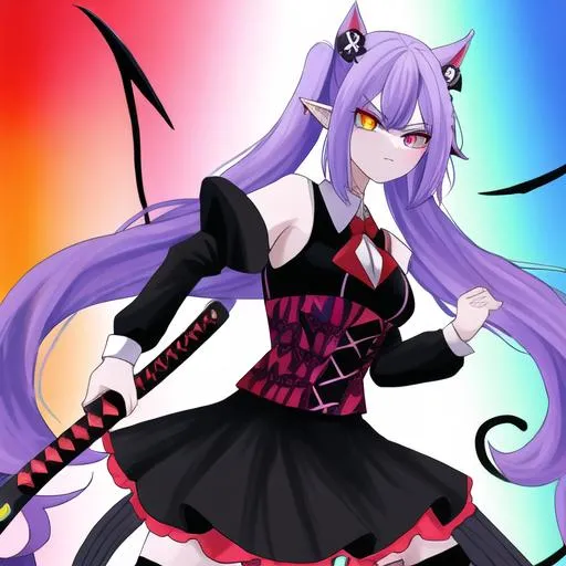 Prompt: Haley  as a demon (multi-color hair) (multi-color eyes)(she has horse ears) holding a katana, fighting, in a gunfight, bullets flying, fighting in a rural area, angry, demon tail, demon wings