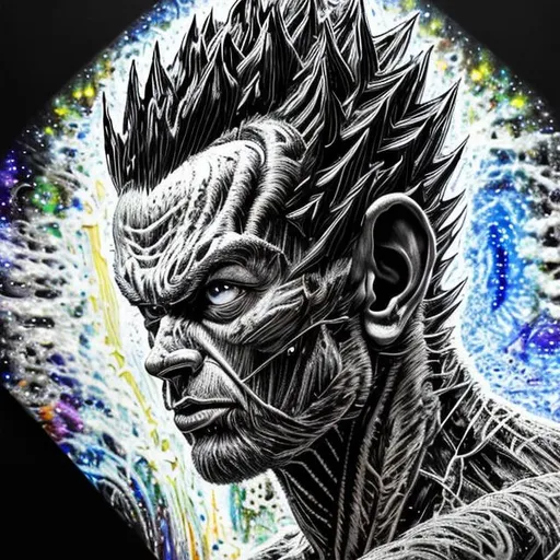 Prompt: 64K masterpiece intricate hyperdetailed breathtaking 3D glowing black oil painting medium portrait of vegeta, black trousers, intricate hyperdetailed muscular body, intricate hyperdetailed muscles, glowing white light reflection on the muscles, hyperdetailed intricate hard standing glowing hair, hyperdetailed glowing angry white eyes, detailed face, white glowing muscles, white glowing body, white glowing skin, semi-polaroid monochrome photography, hyperdetailed complex, character concept, hyperdetailed intricate glowing shining glamorous white water drop floating in the air, very angry, intricate glowing light reflection, intricate hyperdetailed glowing iridescent reflection, strong glowing white light on the hair, contrast white head light, hyperdetailed very strong black shading, very strong black muscle shadow, professional award-winning photography, maximalist photo illustration 64k, resolution High Res intricately detailed, impressionist painting, yellow color splash, illustration, key visual, panoramic, cinematic, masterfully crafted, 8k resolution, stunning, ultra detailed, expressive, hypermaximalist, UHD, HDR, UHD render, 3D render, 64K, hyperdetailed intricate watercolor mix oil painting on the body, Toriyama Akira