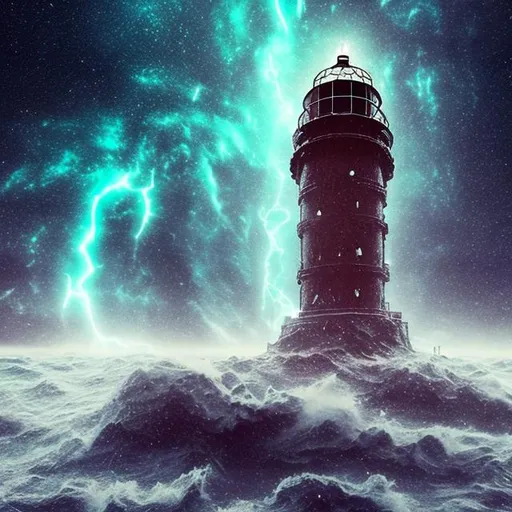 Prompt: Haunting lost space lighthouse in huge dangerous astral storm