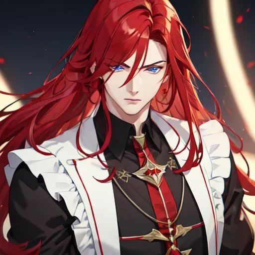 Prompt: Zerif 1male (Red side-swept hair covering his right eye, blue eyes), highly detailed face, adult. Handsome,  detailed, UHD, HD, 4K, highly detailed, red haze, masculine, anime style. wearing a maid outfit