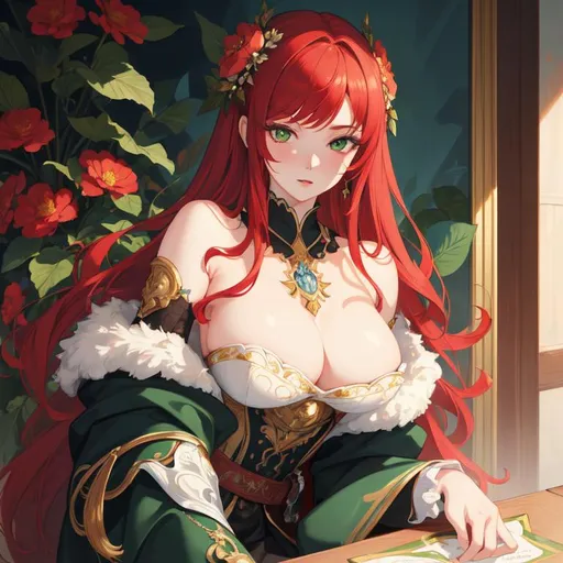 Prompt: Masterpiece, illustration, best quality:1.2), 1girl, solo, red hair, dignfied, finely detailed, detailed face, toned face, beautiful detailed eyes, beautiful detailed shading, beautifully detailed background, green eyes, flowers everywhere, flower inspired,